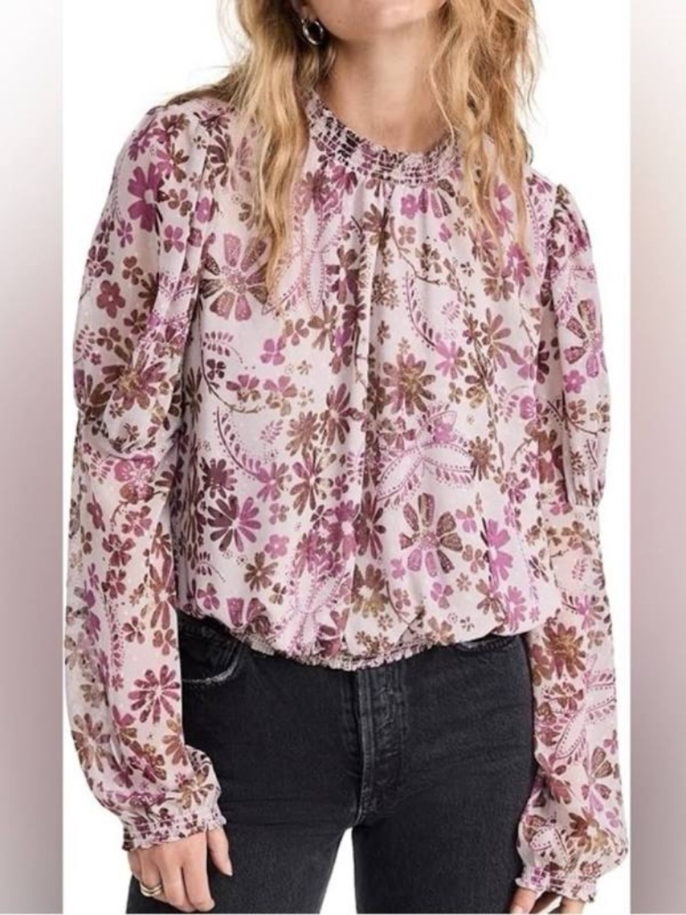 Free People Women's Clarissa Printed Top, Grey Lilac Combo- MED